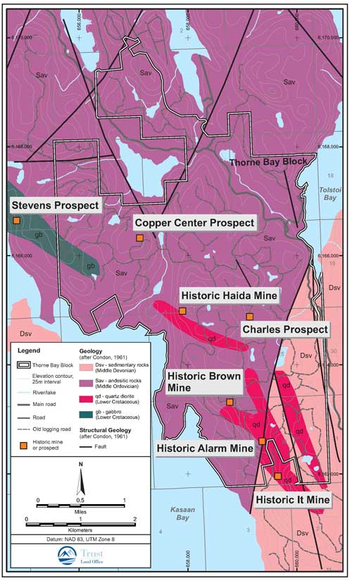 Map showing the Thorne Bay area in Alaska with major roads and surrounding geographic features