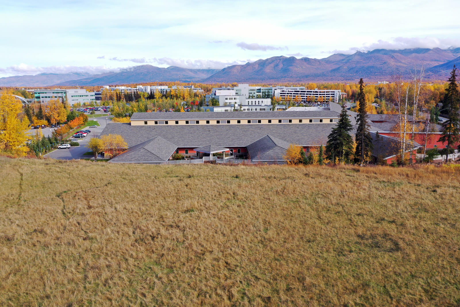 A grassy field with a building visible in the background under a clear blue sky.
