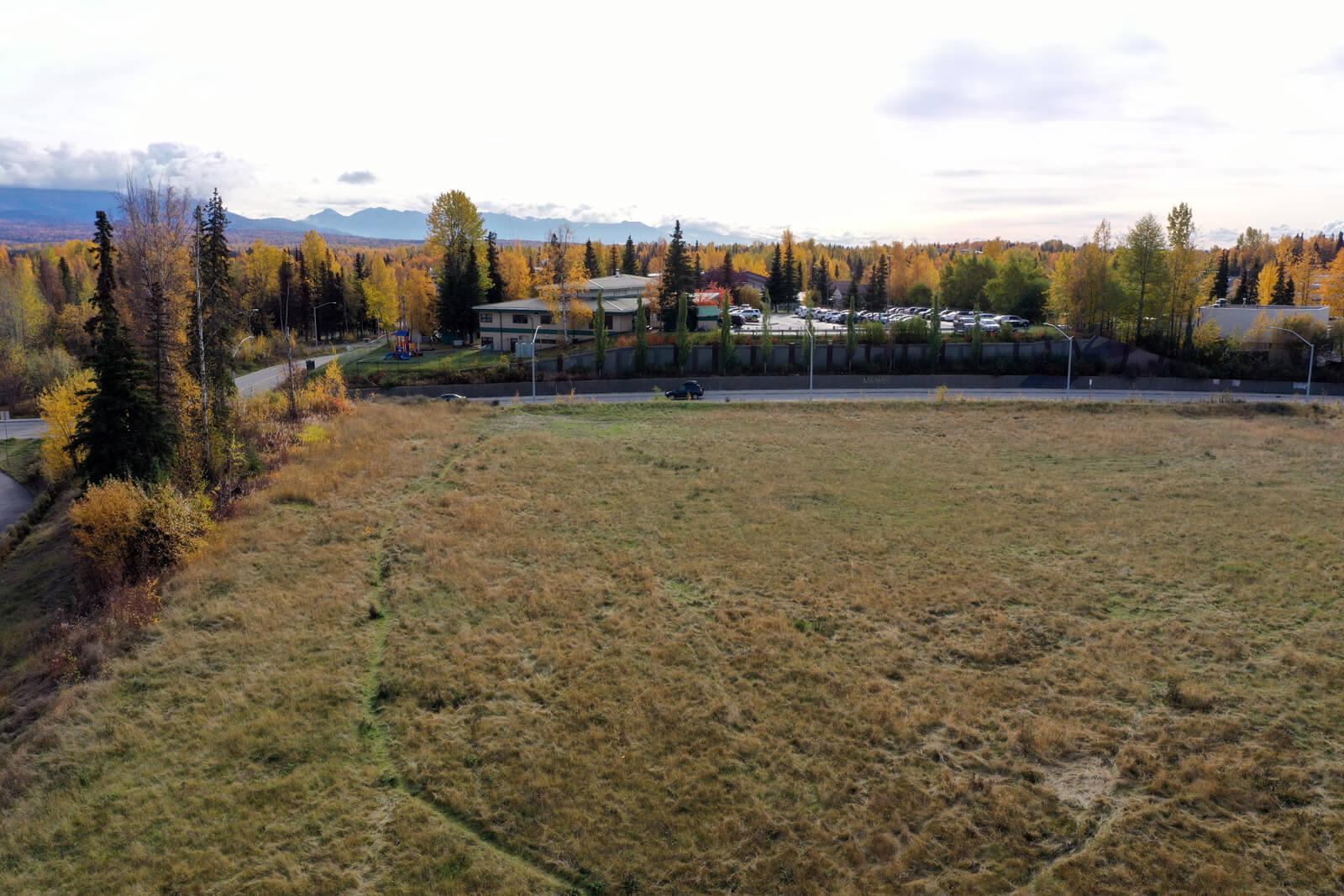 Aerial perspective showcasing a field with scattered trees and various buildings interspersed throughout the landscape.